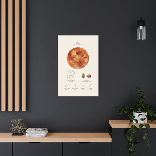 Leo Zodiac Constellation Canvas | Astrology Wall Art with Symbol, Birthstone, Planet & Element | Premium Vertical Canvas Print