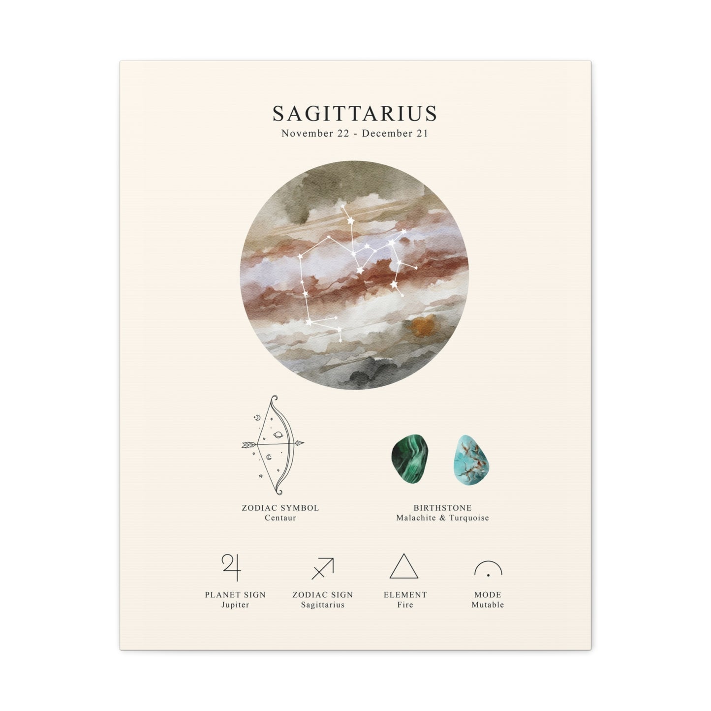 Sagittarius Zodiac Constellation Canvas | Astrology Wall Art with Symbol, Birthstone, Planet & Element | Premium Vertical Canvas Print