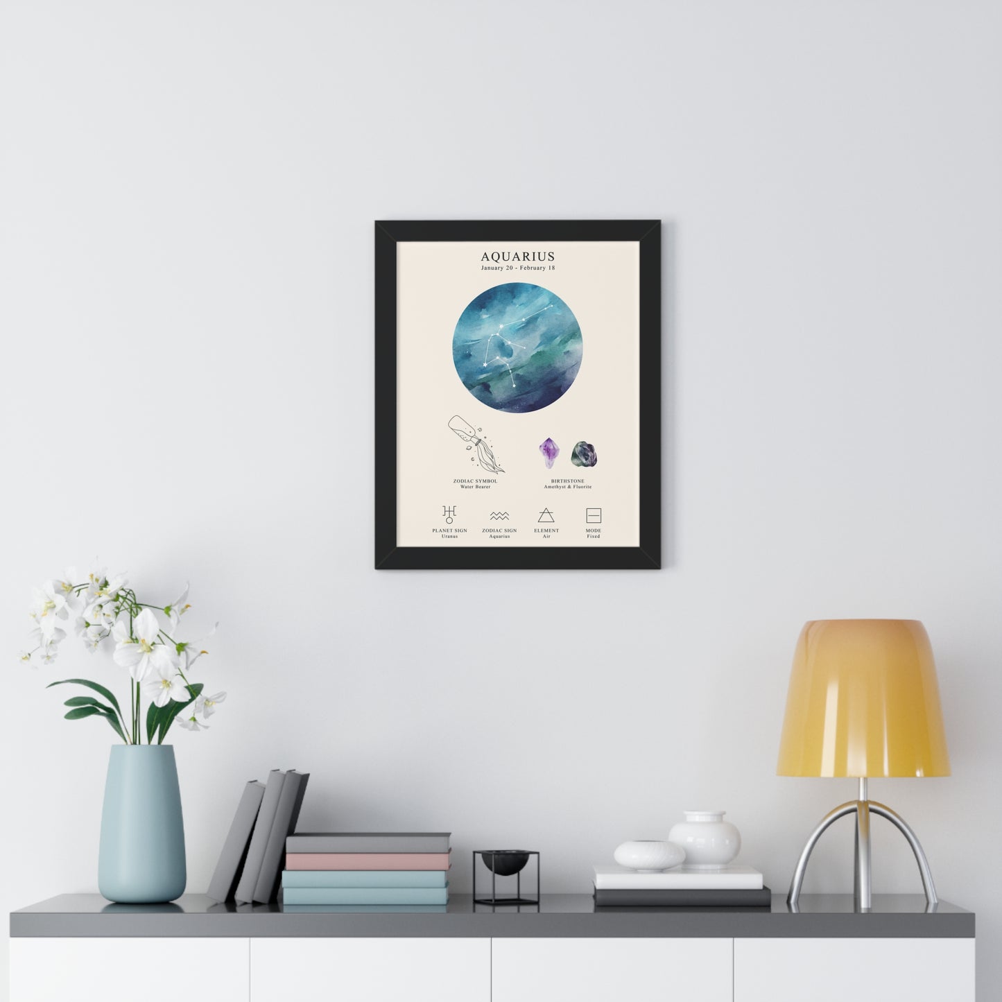 Aquarius Zodiac Framed Poster | Celestial Astrology Wall Art | Constellation Print with Symbol, Planet & Element | Museum-Quality Matte Paper