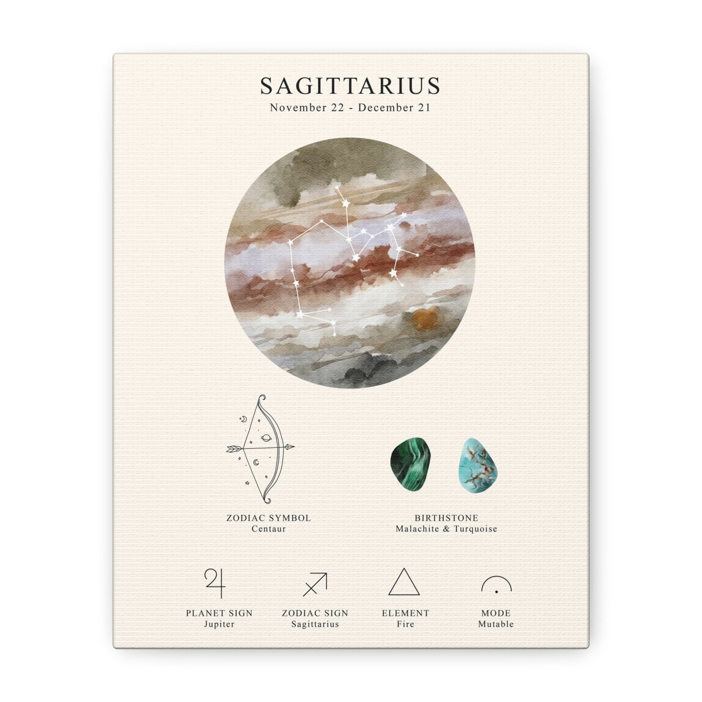 Sagittarius Zodiac Constellation Canvas | Astrology Wall Art with Symbol, Birthstone, Planet & Element | Premium Vertical Canvas Print