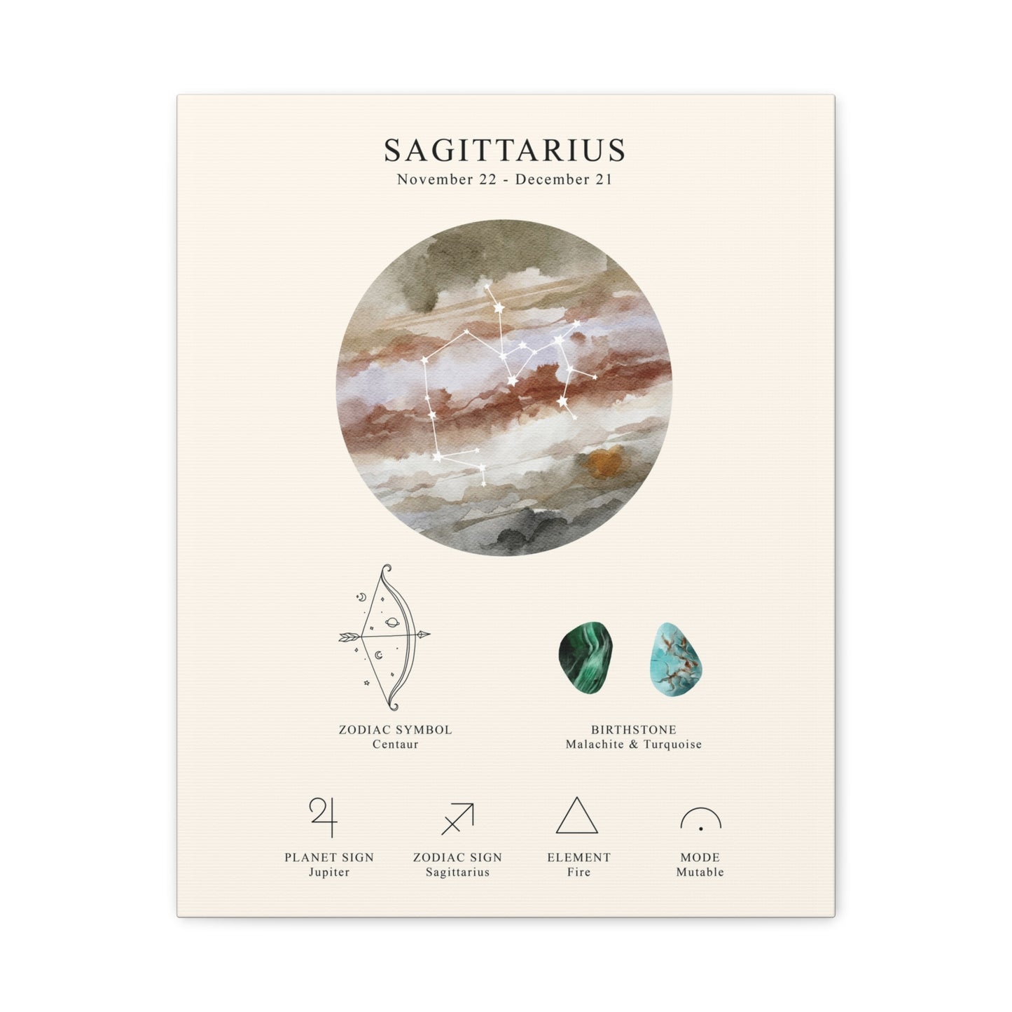Sagittarius Zodiac Constellation Canvas | Astrology Wall Art with Symbol, Birthstone, Planet & Element | Premium Vertical Canvas Print