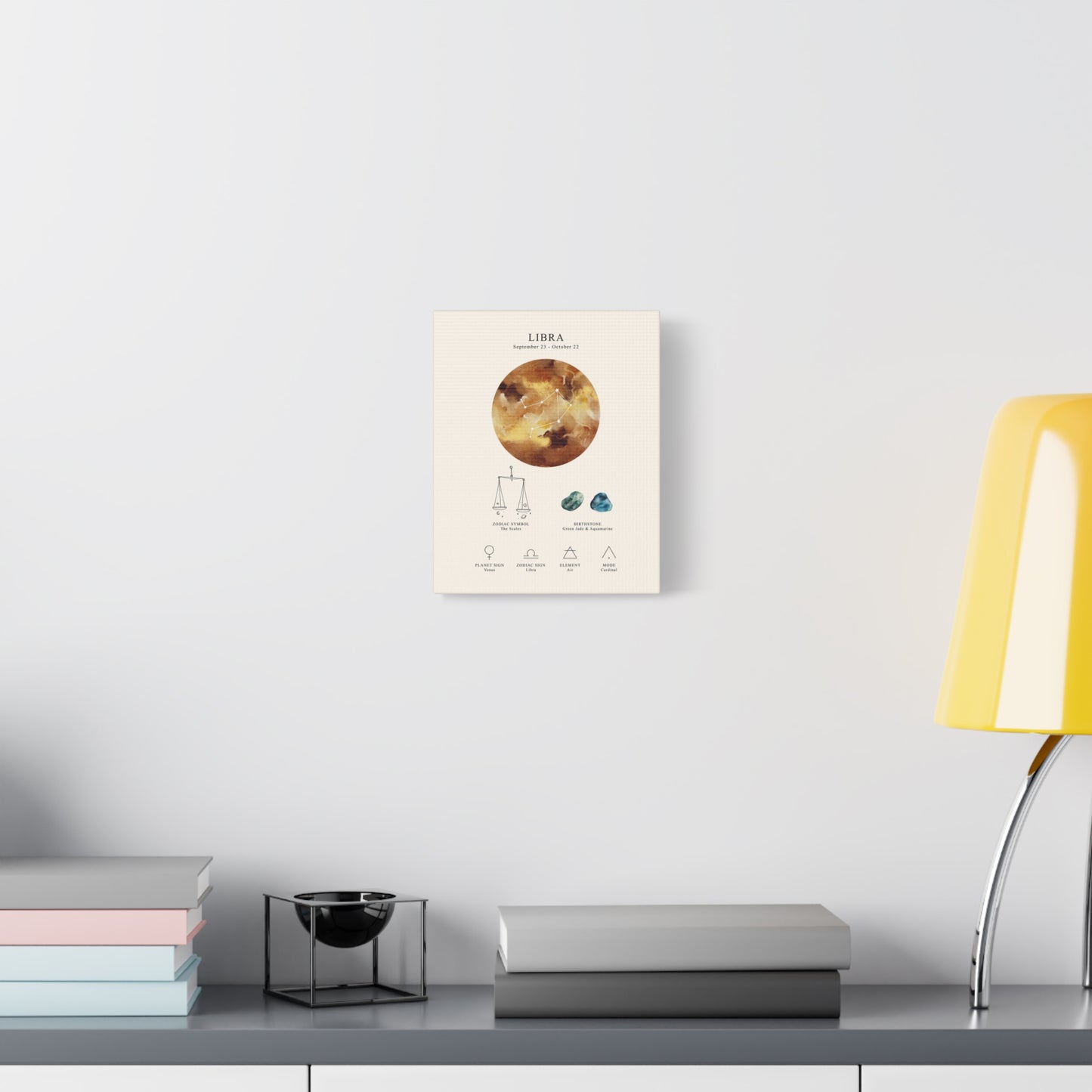 Libra Zodiac Constellation Canvas | Astrology Wall Art with Symbol, Birthstone, Planet & Element | Premium Vertical Canvas Print