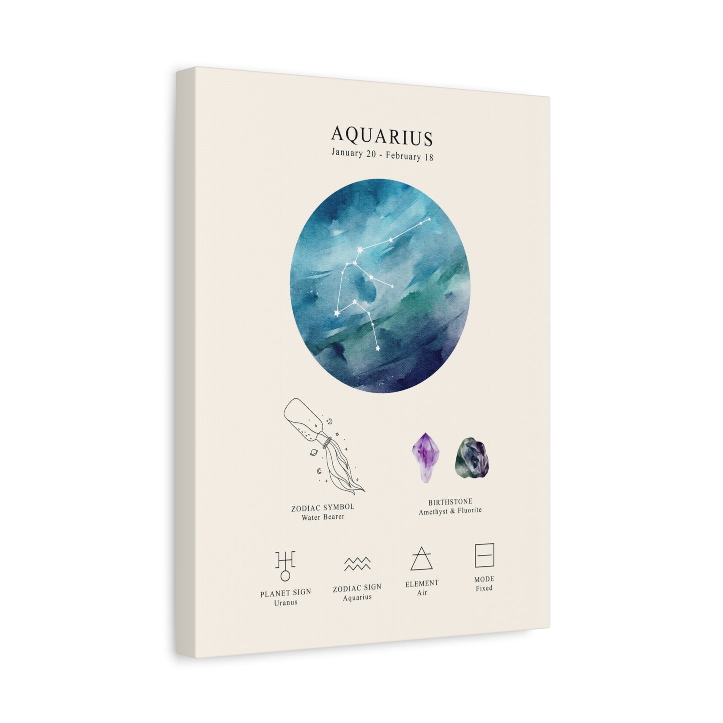 Aquarius Zodiac Constellation Canvas | Astrology Wall Art with Symbol, Birthstone, Planet & Element | Premium Vertical Canvas Print