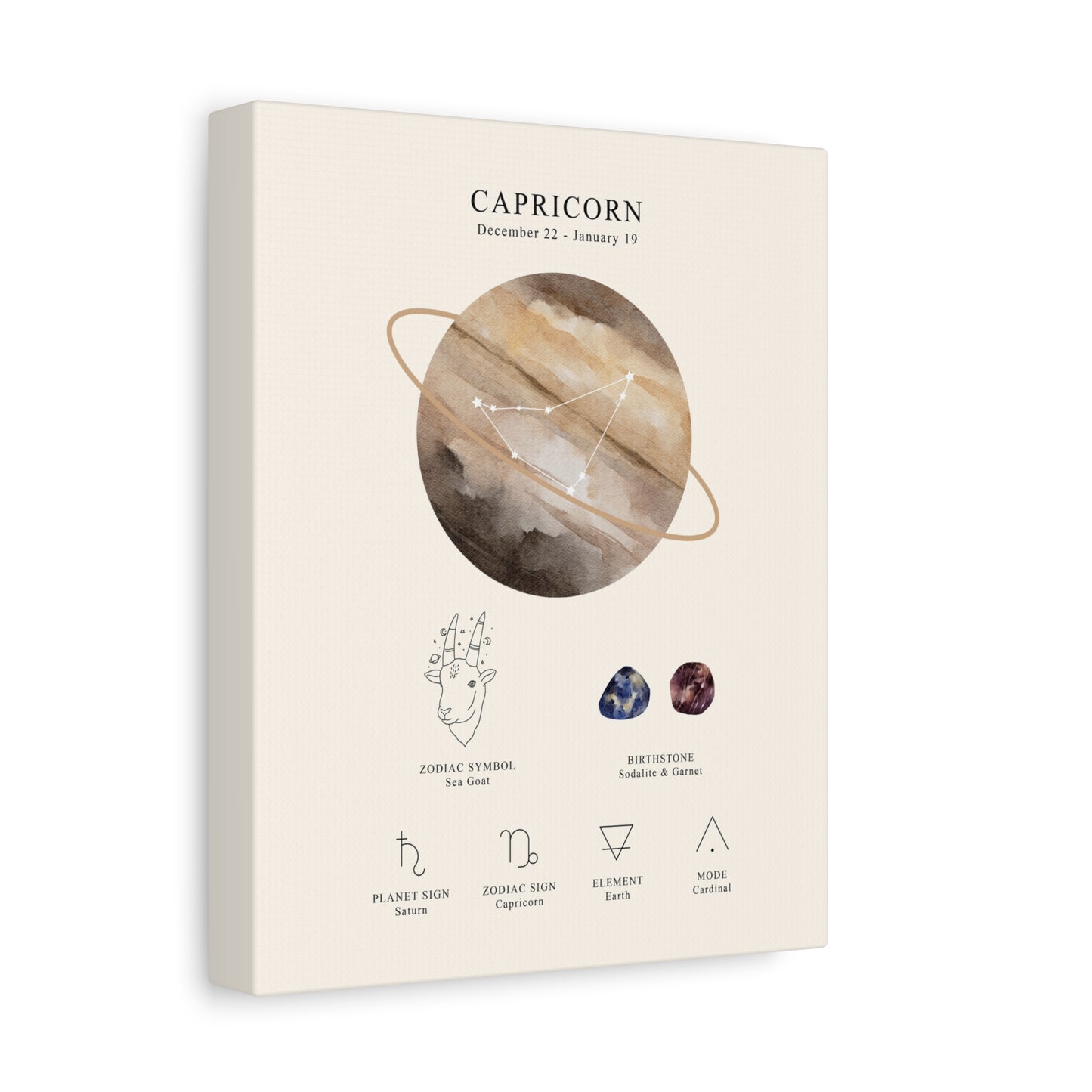 Capricorn Zodiac Constellation Canvas | Astrology Wall Art with Symbol, Birthstone, Planet & Element | Premium Vertical Canvas Print