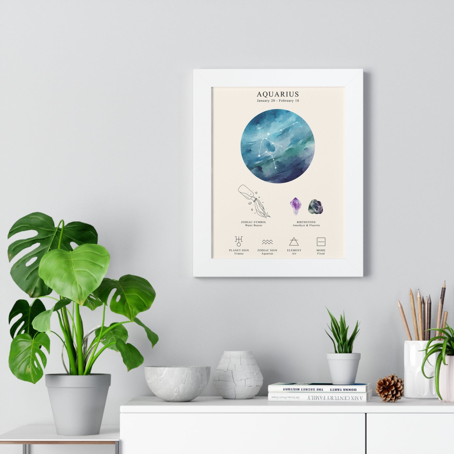 Aquarius Zodiac Framed Poster | Celestial Astrology Wall Art | Constellation Print with Symbol, Planet & Element | Museum-Quality Matte Paper