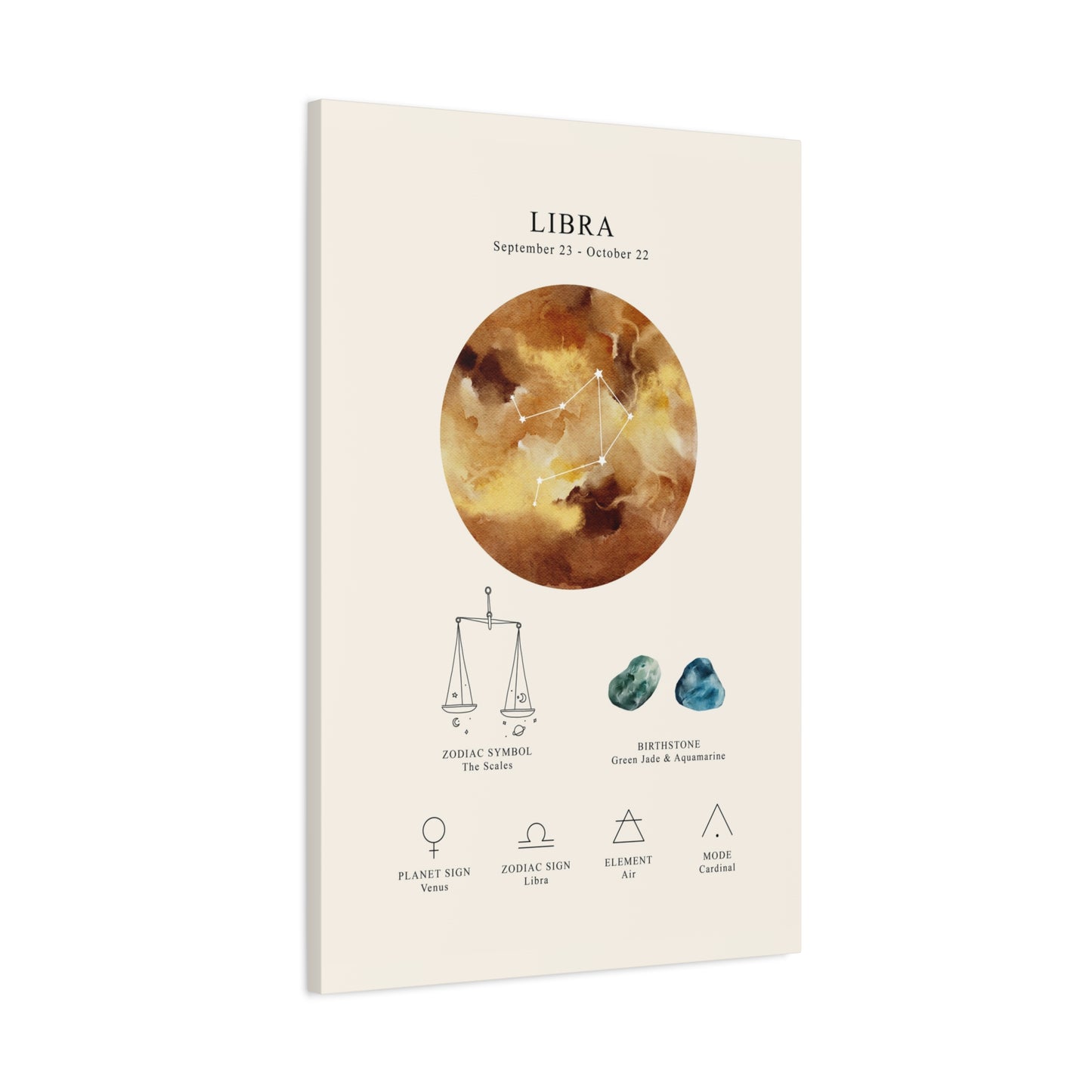 Libra Zodiac Constellation Canvas | Astrology Wall Art with Symbol, Birthstone, Planet & Element | Premium Vertical Canvas Print