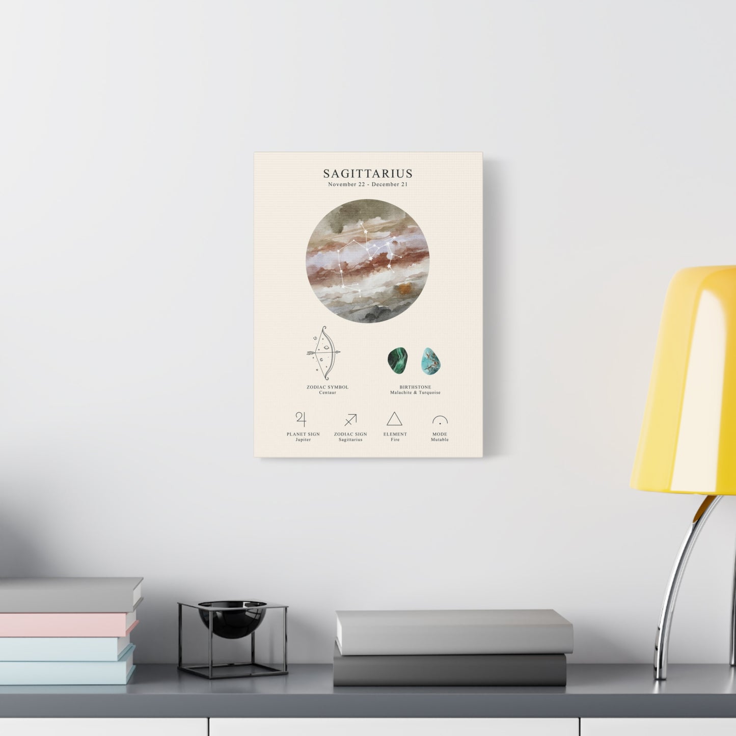 Sagittarius Zodiac Constellation Canvas | Astrology Wall Art with Symbol, Birthstone, Planet & Element | Premium Vertical Canvas Print