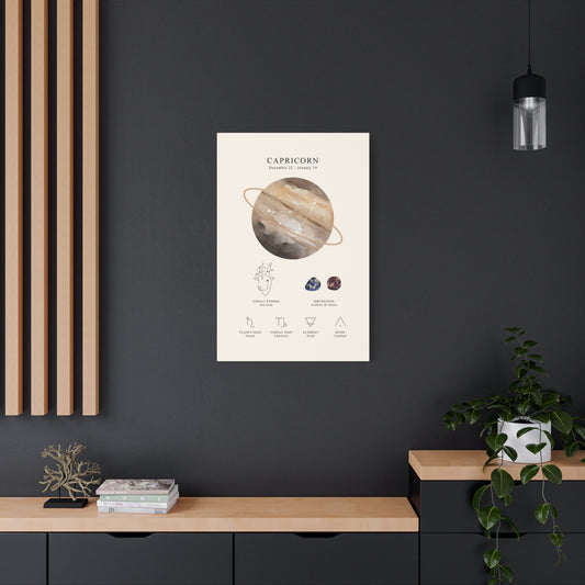 Capricorn Zodiac Constellation Canvas | Astrology Wall Art with Symbol, Birthstone, Planet & Element | Premium Vertical Canvas Print