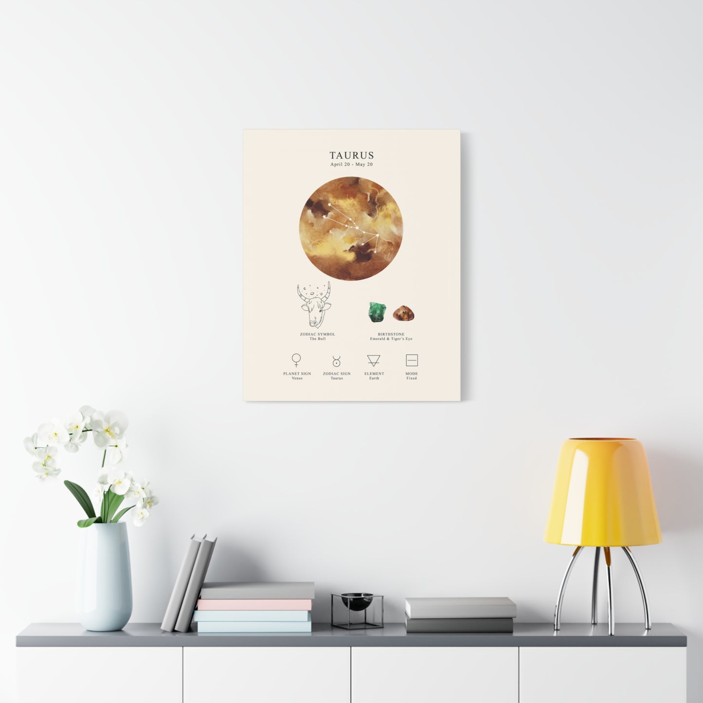 Taurus Zodiac Constellation Canvas | Astrology Wall Art with Symbol, Birthstone, Planet & Element | Premium Vertical Canvas Print