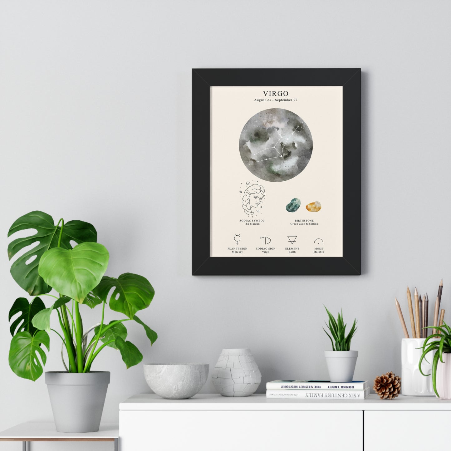 Virgo Zodiac Framed Poster | Celestial Astrology Wall Art | Virgo Constellation Print with Symbol, Planet & Element | Museum-Quality Matte Paper