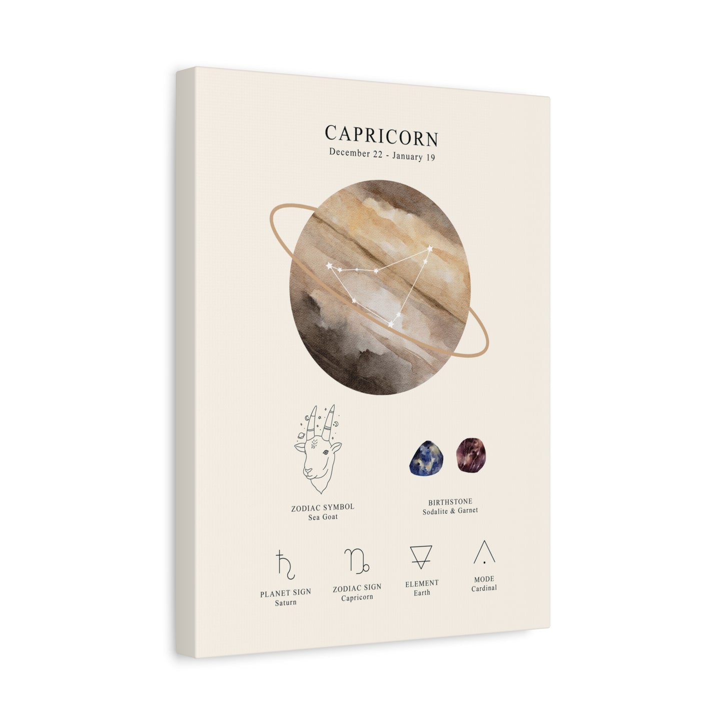 Capricorn Zodiac Constellation Canvas | Astrology Wall Art with Symbol, Birthstone, Planet & Element | Premium Vertical Canvas Print