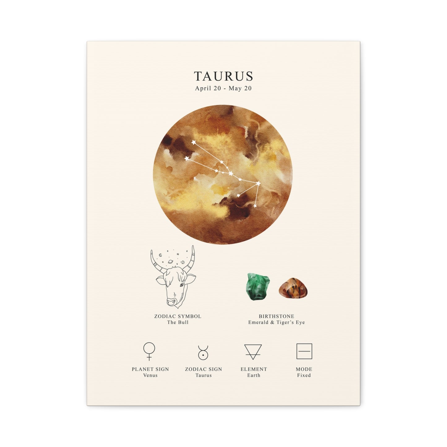 Taurus Zodiac Constellation Canvas | Astrology Wall Art with Symbol, Birthstone, Planet & Element | Premium Vertical Canvas Print