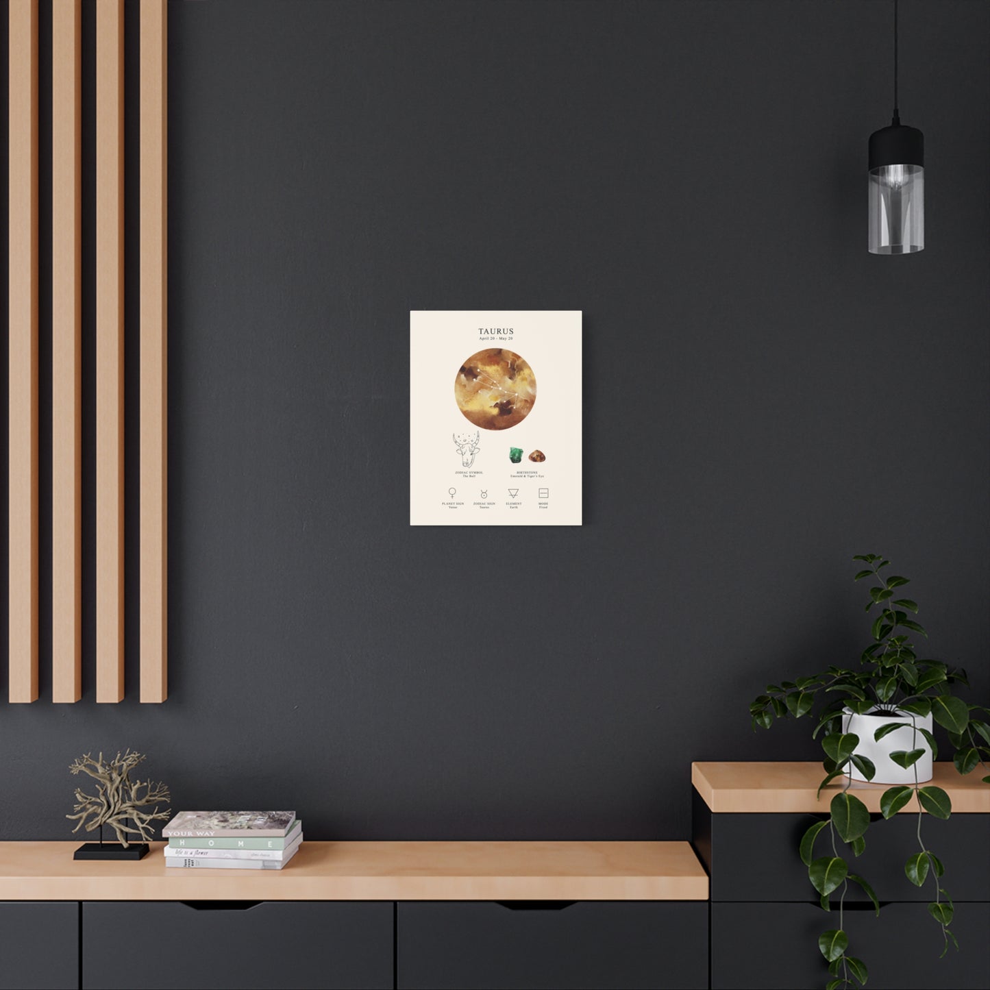 Taurus Zodiac Constellation Canvas | Astrology Wall Art with Symbol, Birthstone, Planet & Element | Premium Vertical Canvas Print
