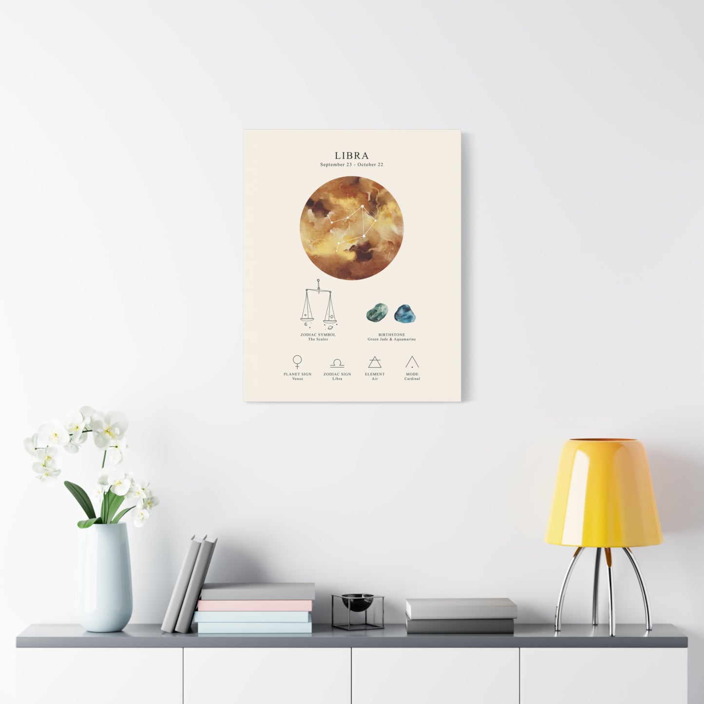 Libra Zodiac Constellation Canvas | Astrology Wall Art with Symbol, Birthstone, Planet & Element | Premium Vertical Canvas Print