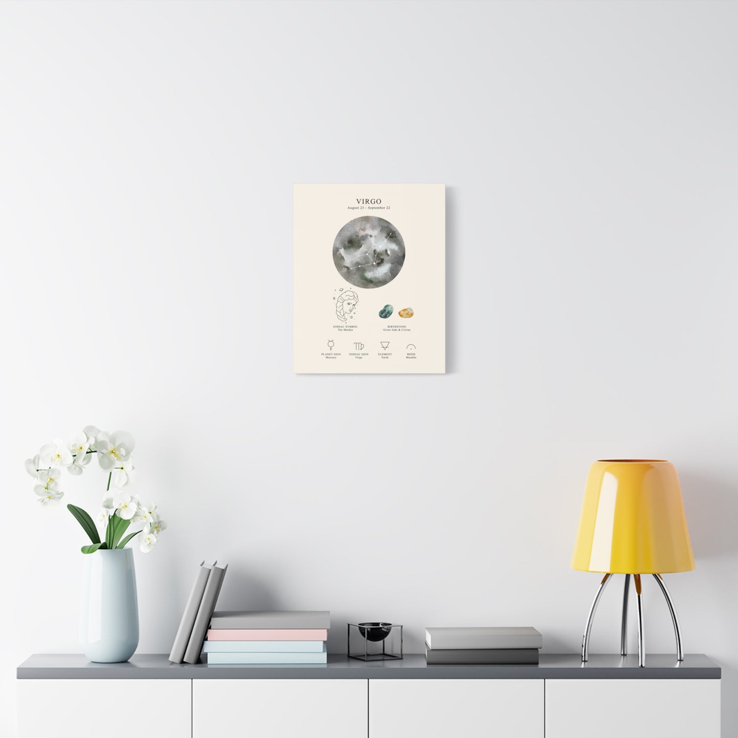 Virgo Zodiac Constellation Canvas | Astrology Wall Art with Symbol, Birthstone, Planet & Element | Premium Vertical Canvas Print