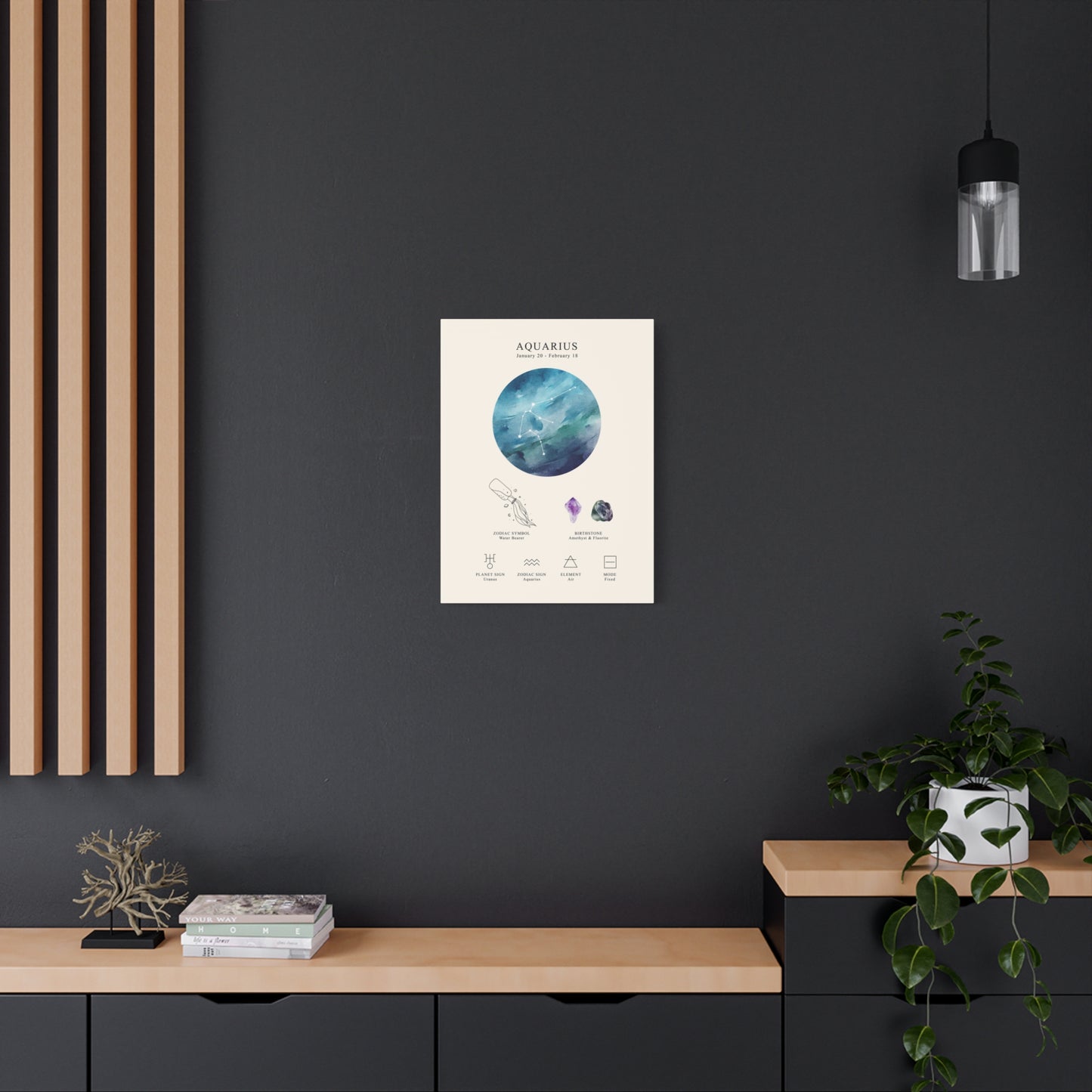 Aquarius Zodiac Constellation Canvas | Astrology Wall Art with Symbol, Birthstone, Planet & Element | Premium Vertical Canvas Print