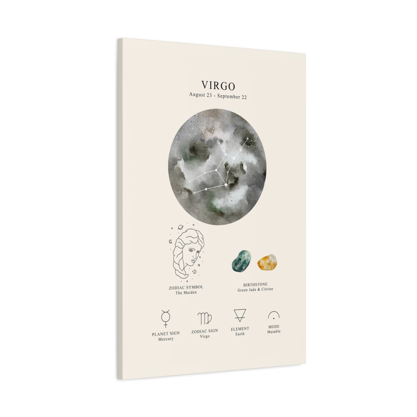 Virgo Zodiac Constellation Canvas | Astrology Wall Art with Symbol, Birthstone, Planet & Element | Premium Vertical Canvas Print