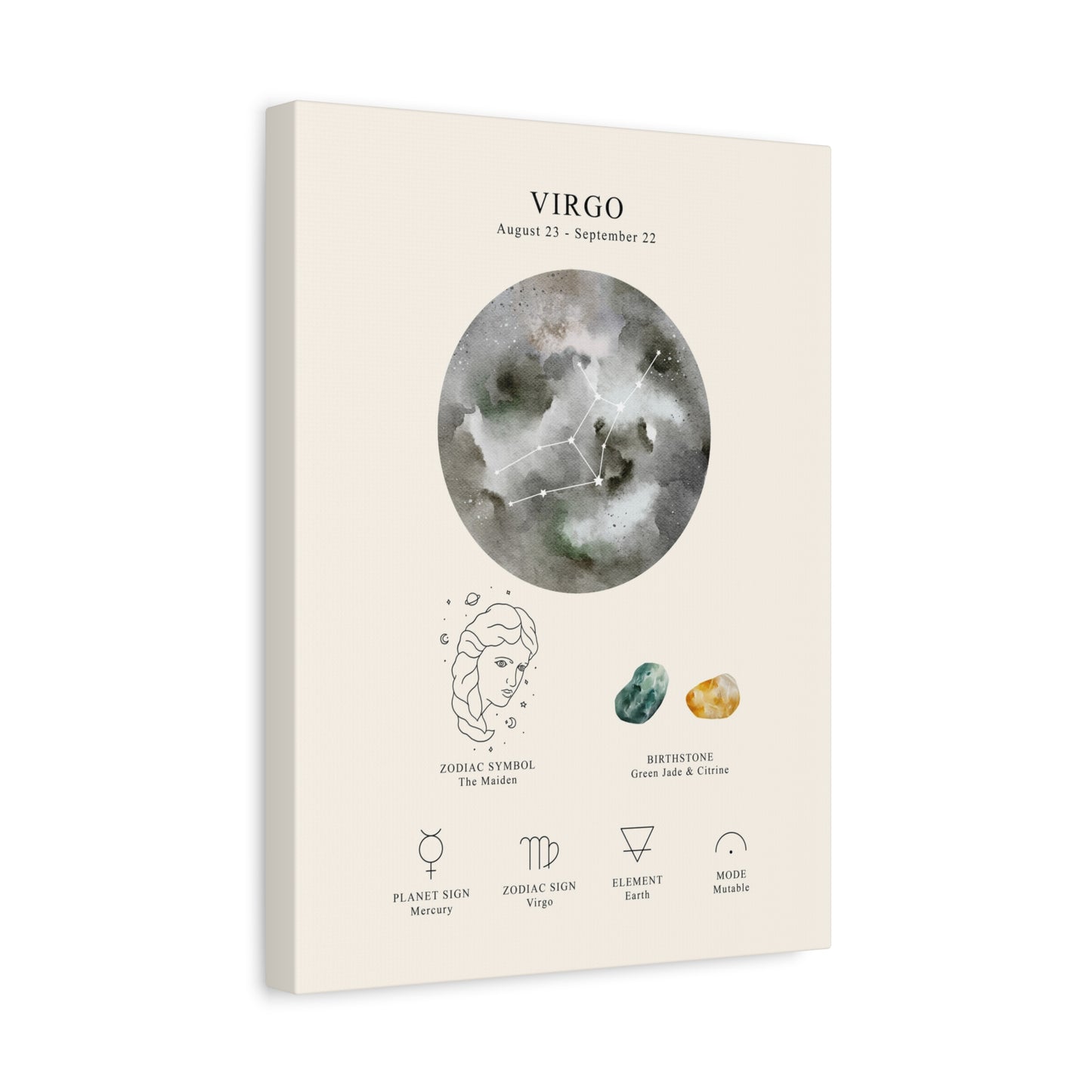 Virgo Zodiac Constellation Canvas | Astrology Wall Art with Symbol, Birthstone, Planet & Element | Premium Vertical Canvas Print