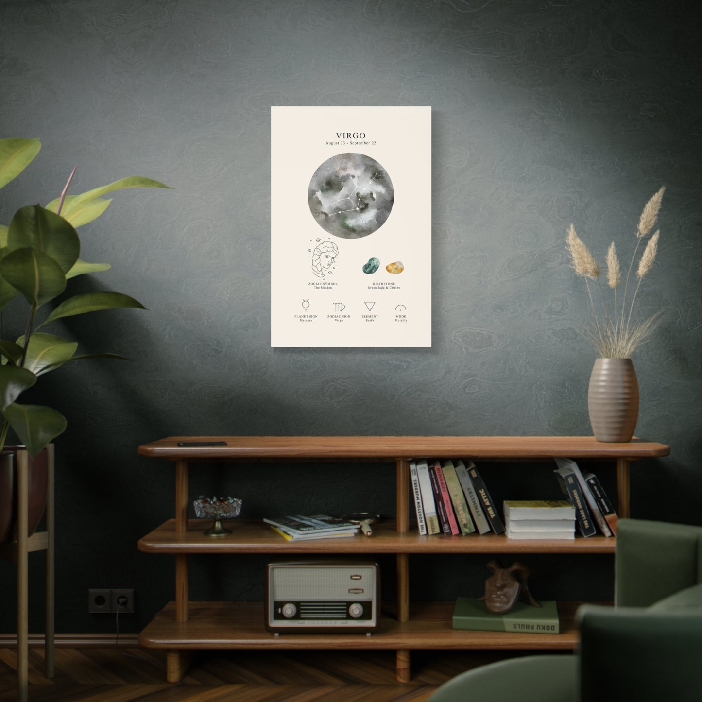 Virgo Zodiac Constellation Canvas | Astrology Wall Art with Symbol, Birthstone, Planet & Element | Premium Vertical Canvas Print