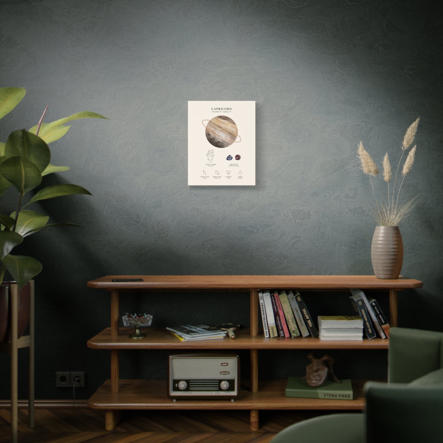 Capricorn Zodiac Constellation Canvas | Astrology Wall Art with Symbol, Birthstone, Planet & Element | Premium Vertical Canvas Print