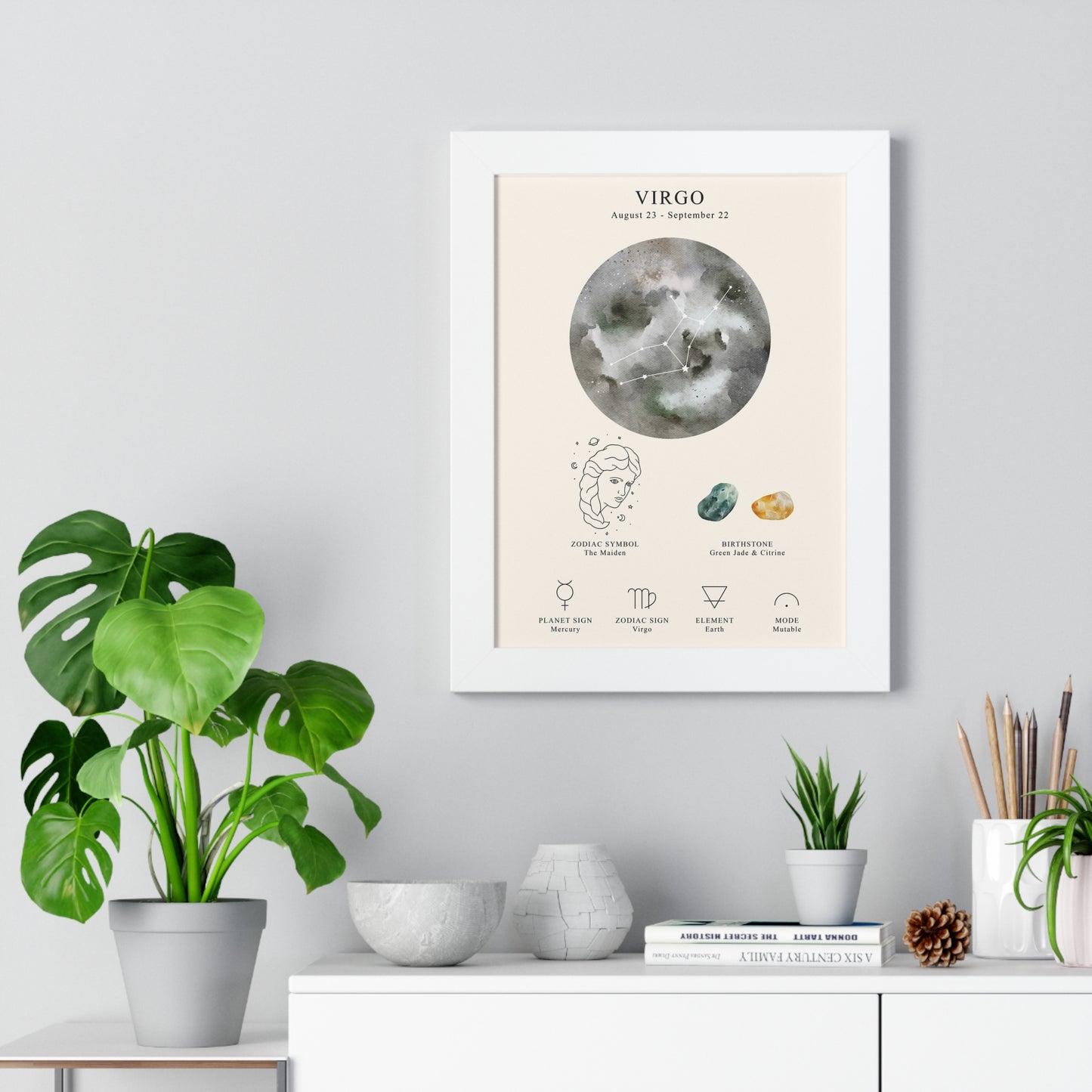 Virgo Zodiac Framed Poster | Celestial Astrology Wall Art | Virgo Constellation Print with Symbol, Planet & Element | Museum-Quality Matte Paper