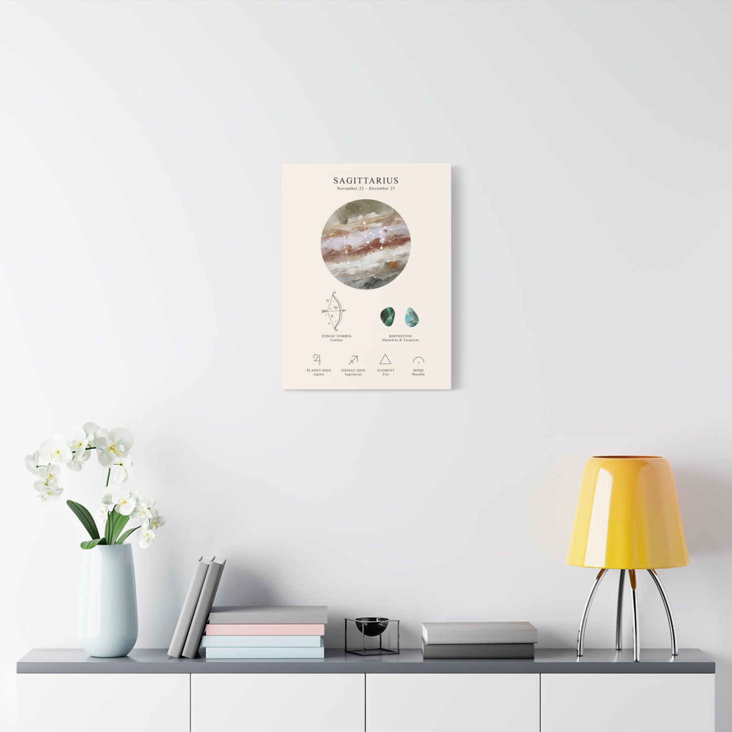 Sagittarius Zodiac Constellation Canvas | Astrology Wall Art with Symbol, Birthstone, Planet & Element | Premium Vertical Canvas Print