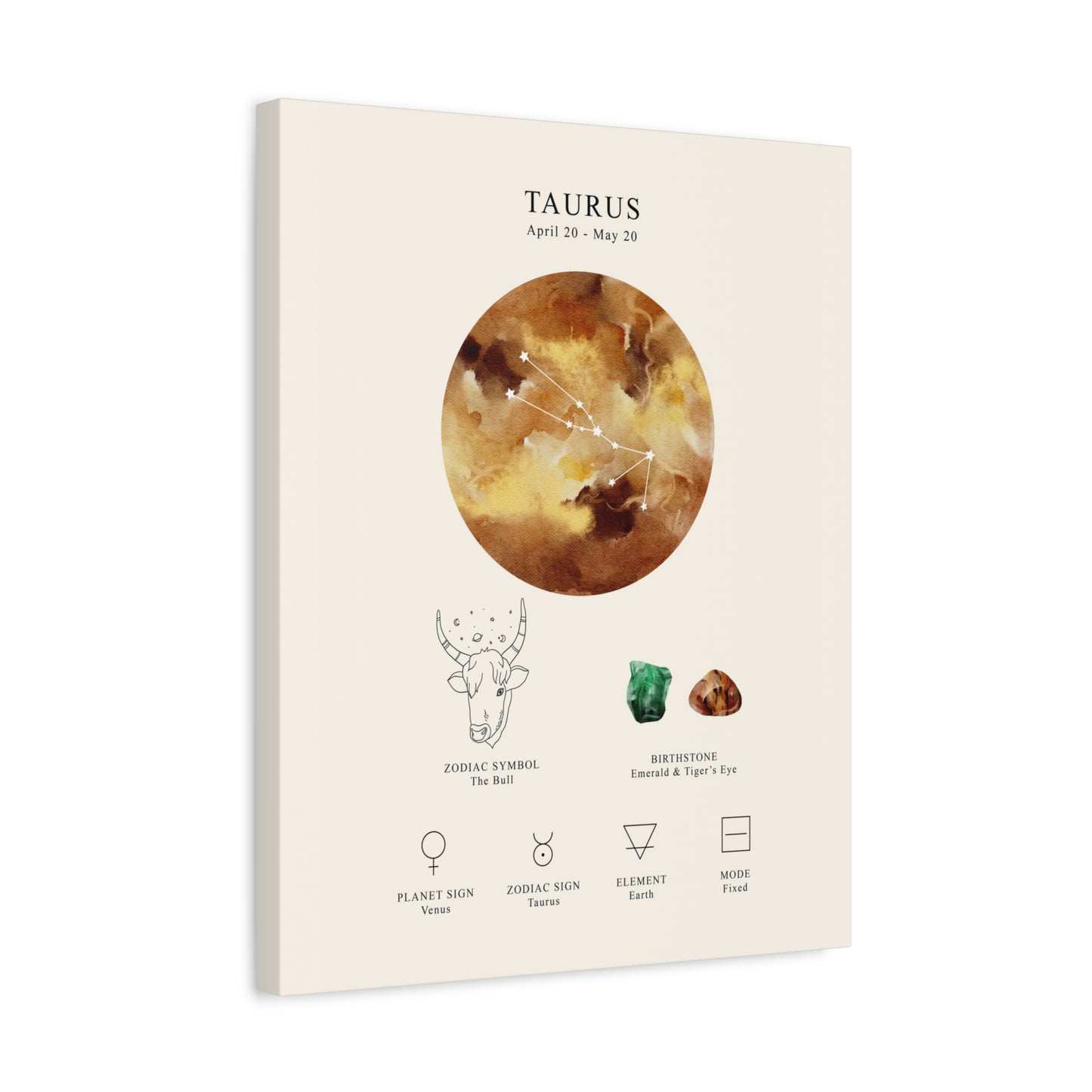 Taurus Zodiac Constellation Canvas | Astrology Wall Art with Symbol, Birthstone, Planet & Element | Premium Vertical Canvas Print