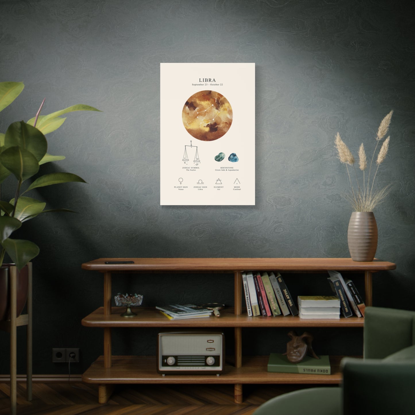 Libra Zodiac Constellation Canvas | Astrology Wall Art with Symbol, Birthstone, Planet & Element | Premium Vertical Canvas Print