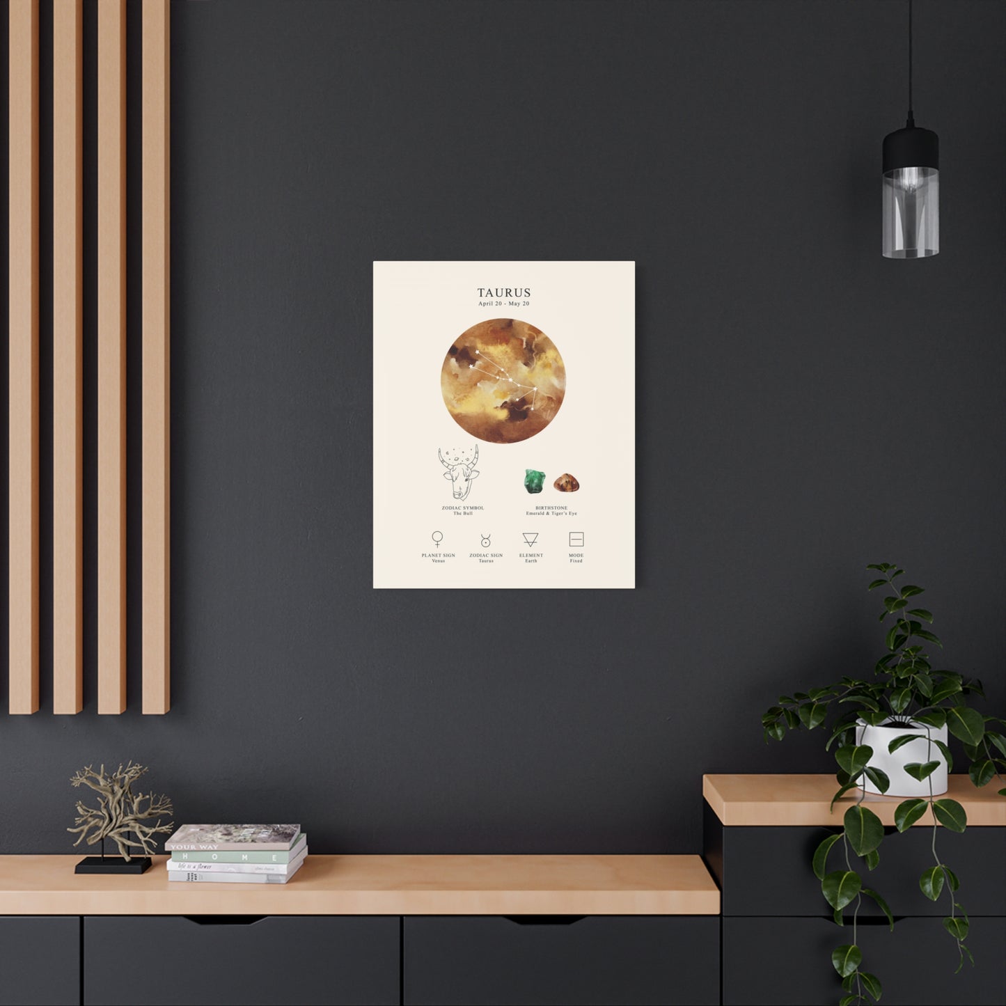 Taurus Zodiac Constellation Canvas | Astrology Wall Art with Symbol, Birthstone, Planet & Element | Premium Vertical Canvas Print