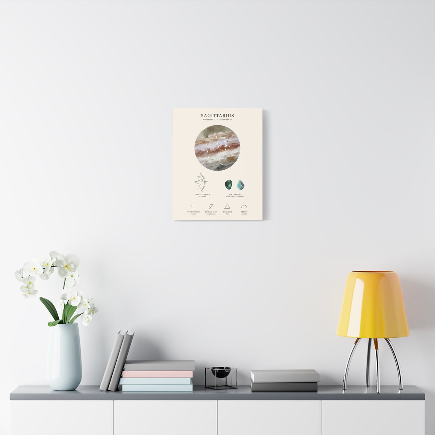 Sagittarius Zodiac Constellation Canvas | Astrology Wall Art with Symbol, Birthstone, Planet & Element | Premium Vertical Canvas Print