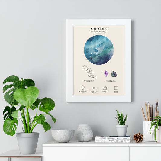 Aquarius Zodiac Framed Poster | Celestial Astrology Wall Art | Constellation Print with Symbol, Planet & Element | Museum-Quality Matte Paper