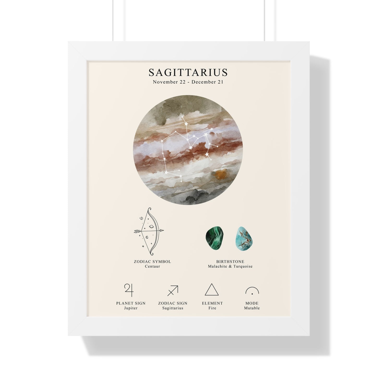 Sagittarius Zodiac Framed Poster | Celestial Astrology Wall Art | Constellation Print with Symbol, Planet & Element | Museum-Quality Matte Paper