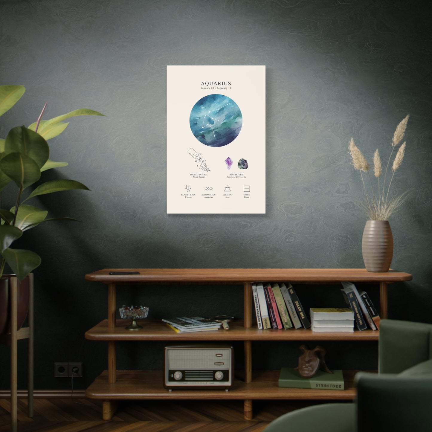 Aquarius Zodiac Constellation Canvas | Astrology Wall Art with Symbol, Birthstone, Planet & Element | Premium Vertical Canvas Print
