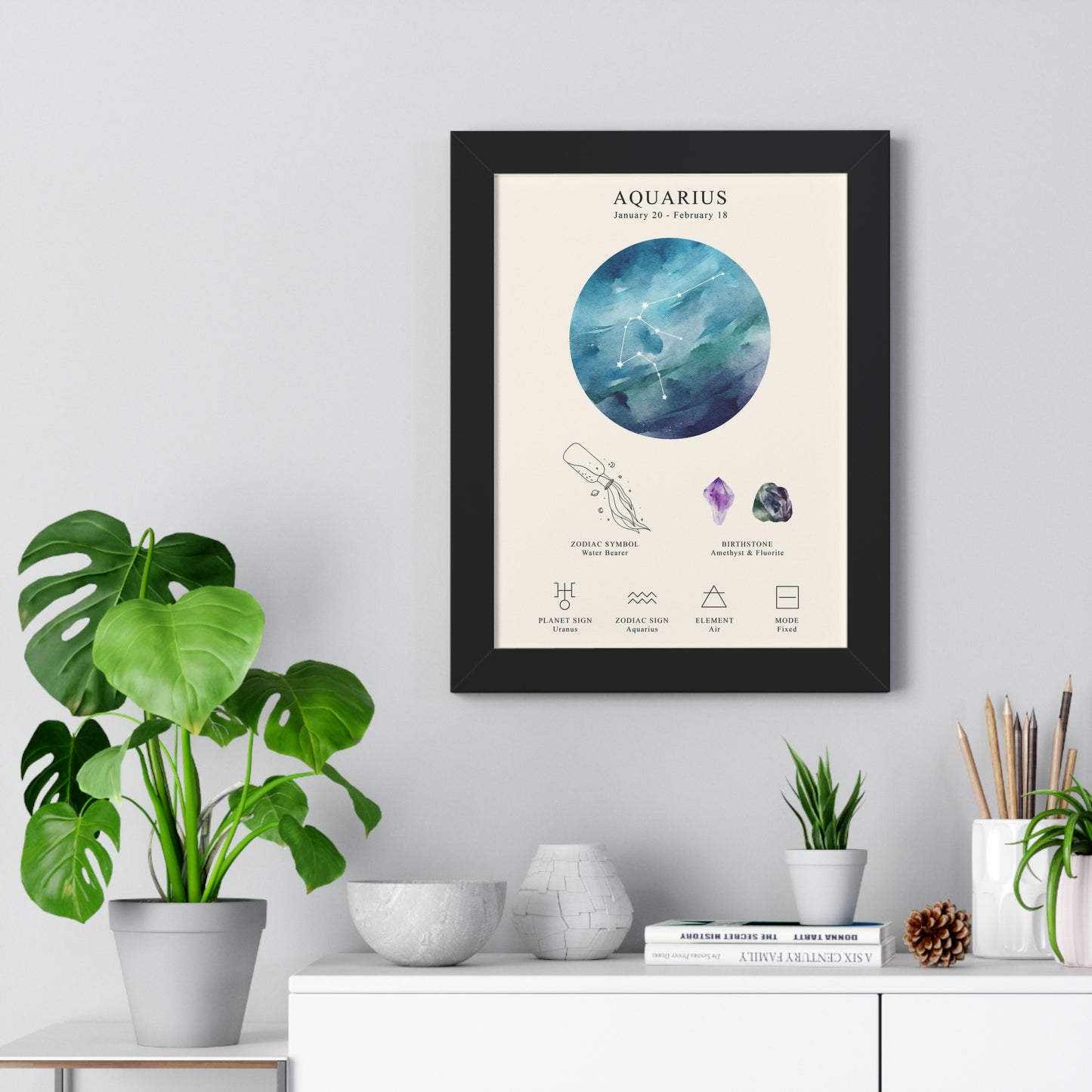 Aquarius Zodiac Framed Poster | Celestial Astrology Wall Art | Constellation Print with Symbol, Planet & Element | Museum-Quality Matte Paper