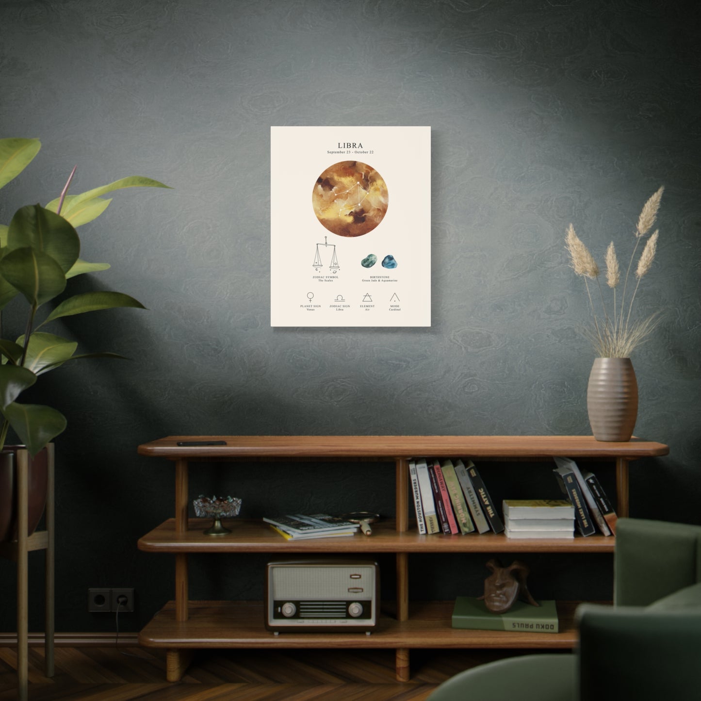 Libra Zodiac Constellation Canvas | Astrology Wall Art with Symbol, Birthstone, Planet & Element | Premium Vertical Canvas Print