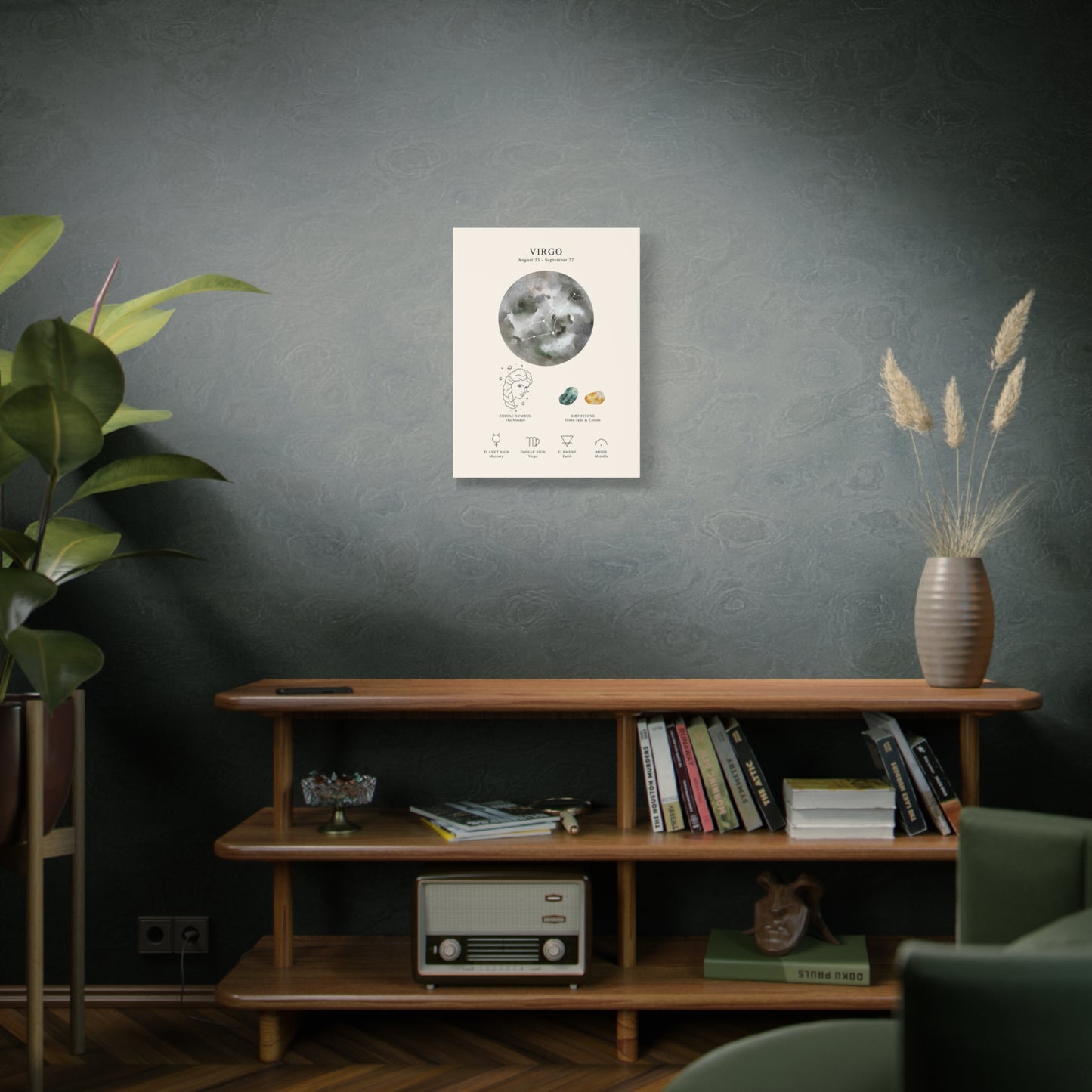 Virgo Zodiac Constellation Canvas | Astrology Wall Art with Symbol, Birthstone, Planet & Element | Premium Vertical Canvas Print