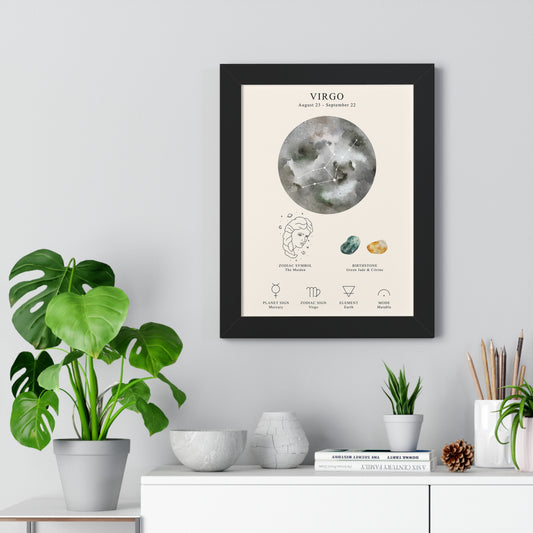 Virgo Zodiac Framed Poster | Celestial Astrology Wall Art | Virgo Constellation Print with Symbol, Planet & Element | Museum-Quality Matte Paper