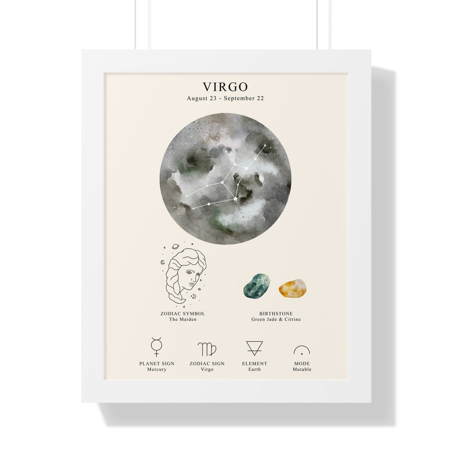 Virgo Zodiac Framed Poster | Celestial Astrology Wall Art | Virgo Constellation Print with Symbol, Planet & Element | Museum-Quality Matte Paper