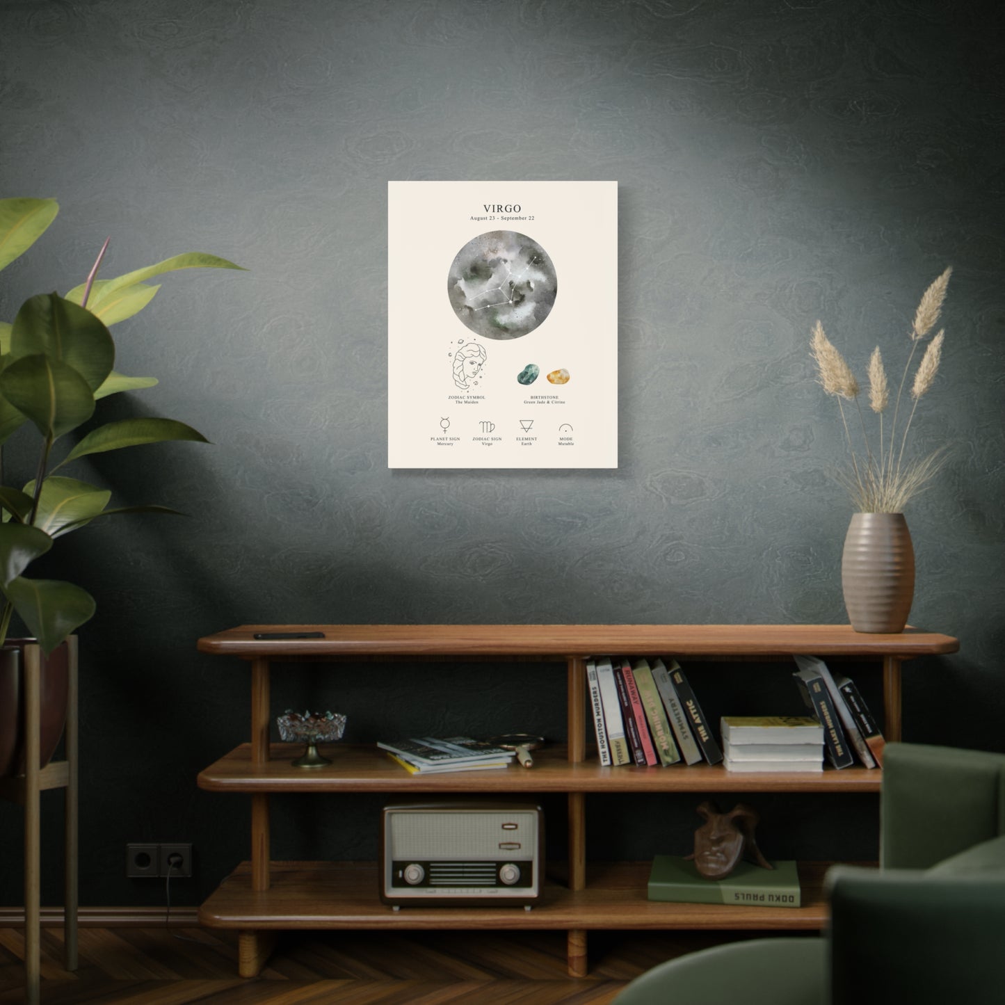 Virgo Zodiac Constellation Canvas | Astrology Wall Art with Symbol, Birthstone, Planet & Element | Premium Vertical Canvas Print