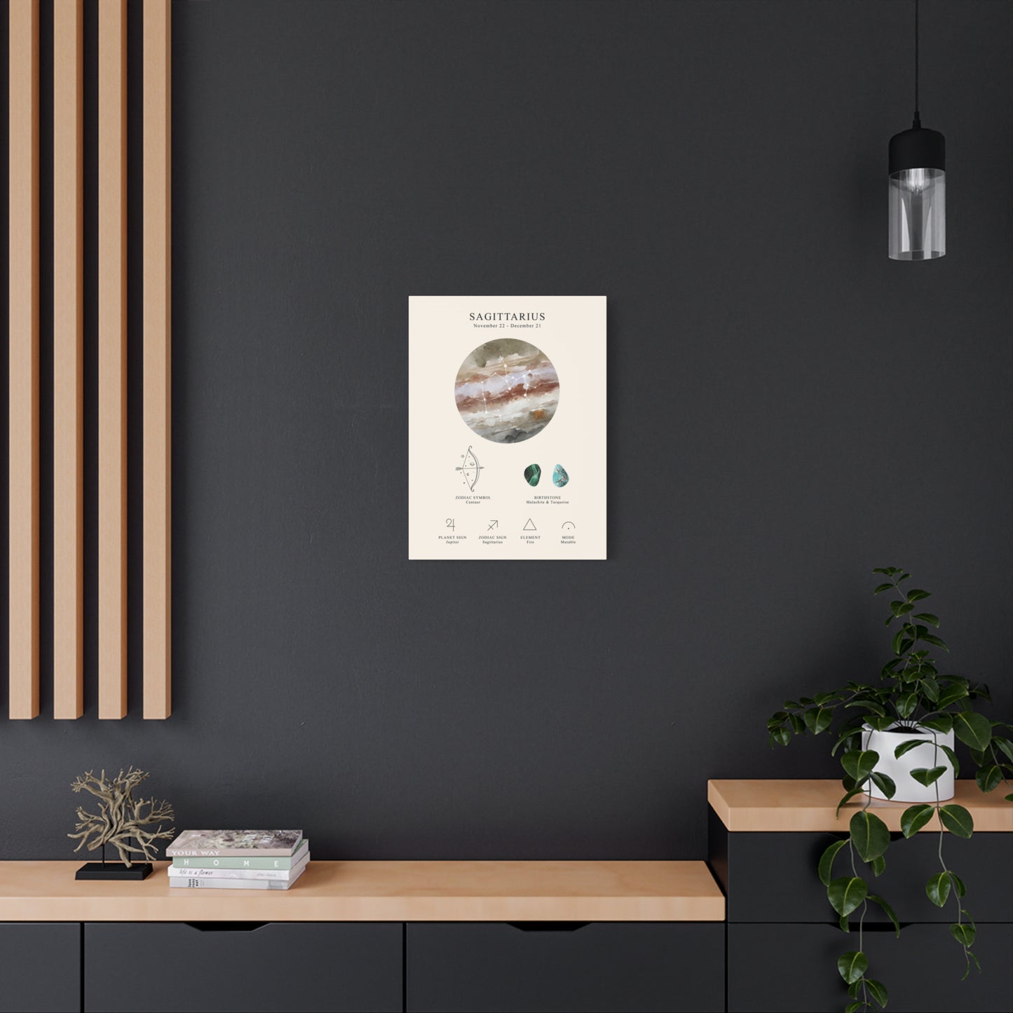 Sagittarius Zodiac Constellation Canvas | Astrology Wall Art with Symbol, Birthstone, Planet & Element | Premium Vertical Canvas Print