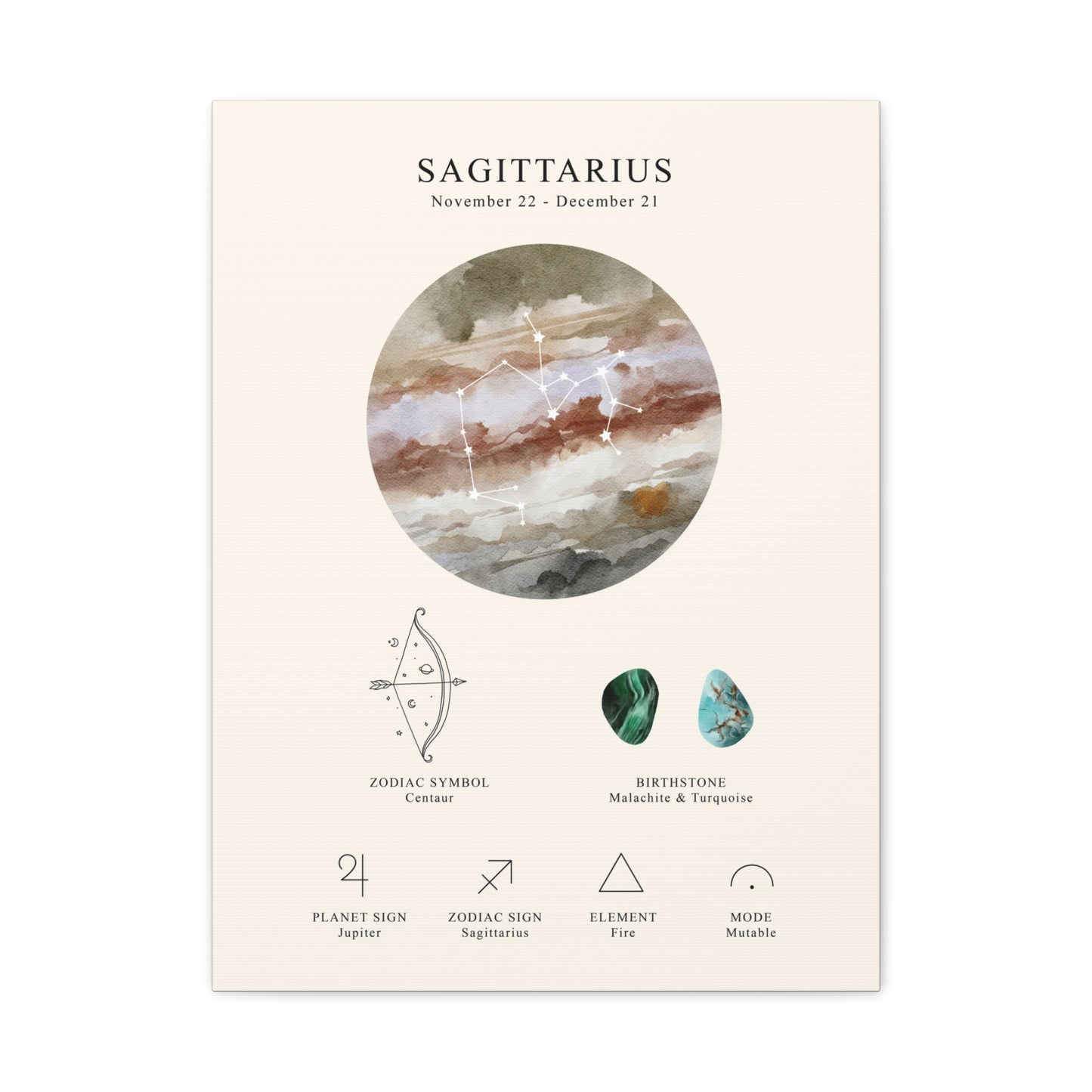 Sagittarius Zodiac Constellation Canvas | Astrology Wall Art with Symbol, Birthstone, Planet & Element | Premium Vertical Canvas Print