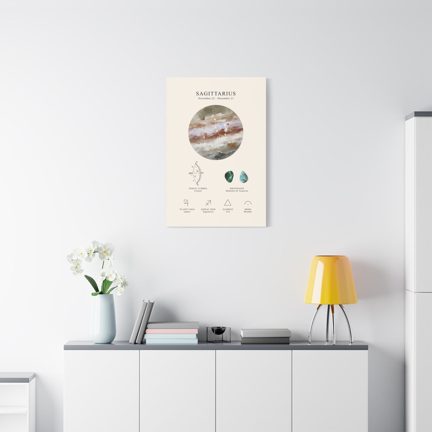 Sagittarius Zodiac Constellation Canvas | Astrology Wall Art with Symbol, Birthstone, Planet & Element | Premium Vertical Canvas Print