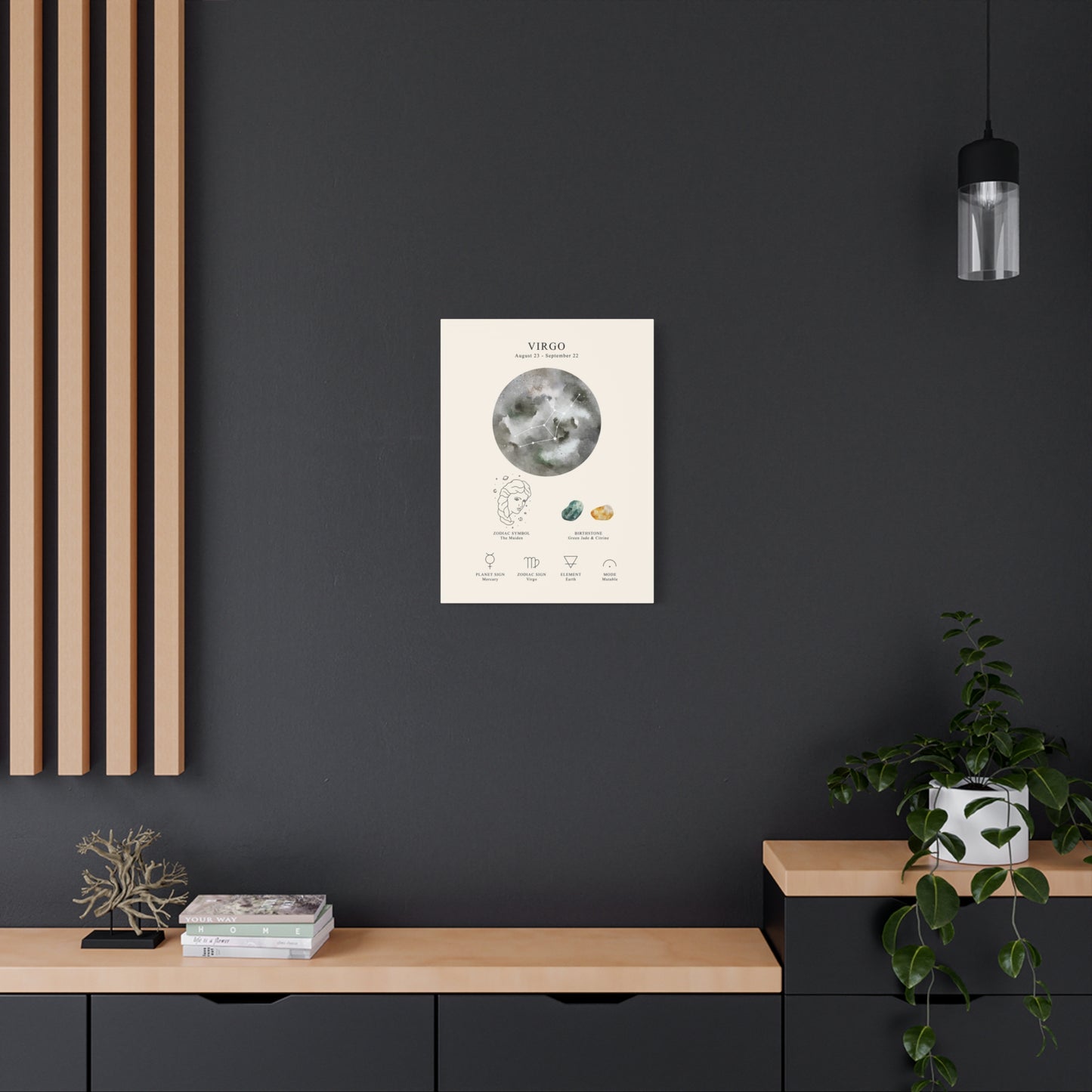 Virgo Zodiac Constellation Canvas | Astrology Wall Art with Symbol, Birthstone, Planet & Element | Premium Vertical Canvas Print