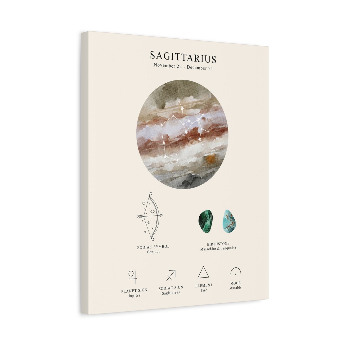 Sagittarius Zodiac Constellation Canvas | Astrology Wall Art with Symbol, Birthstone, Planet & Element | Premium Vertical Canvas Print