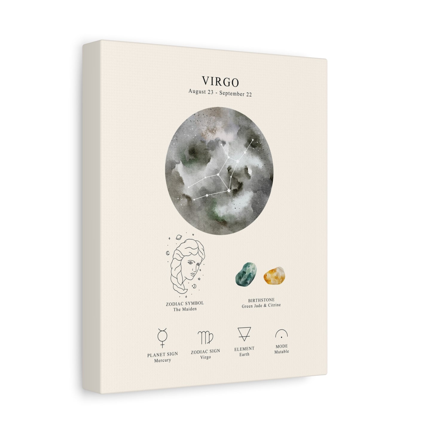 Virgo Zodiac Constellation Canvas | Astrology Wall Art with Symbol, Birthstone, Planet & Element | Premium Vertical Canvas Print