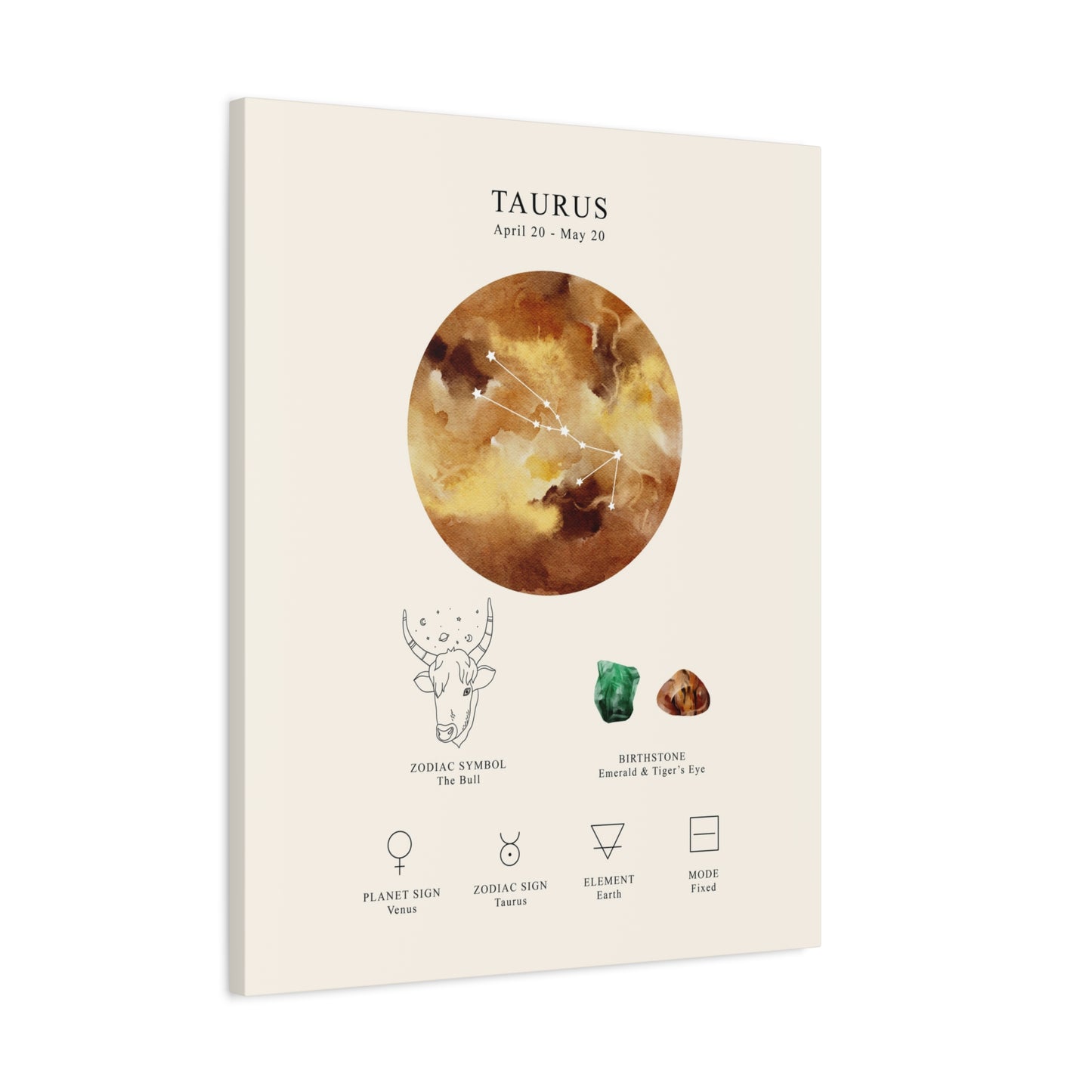 Taurus Zodiac Constellation Canvas | Astrology Wall Art with Symbol, Birthstone, Planet & Element | Premium Vertical Canvas Print