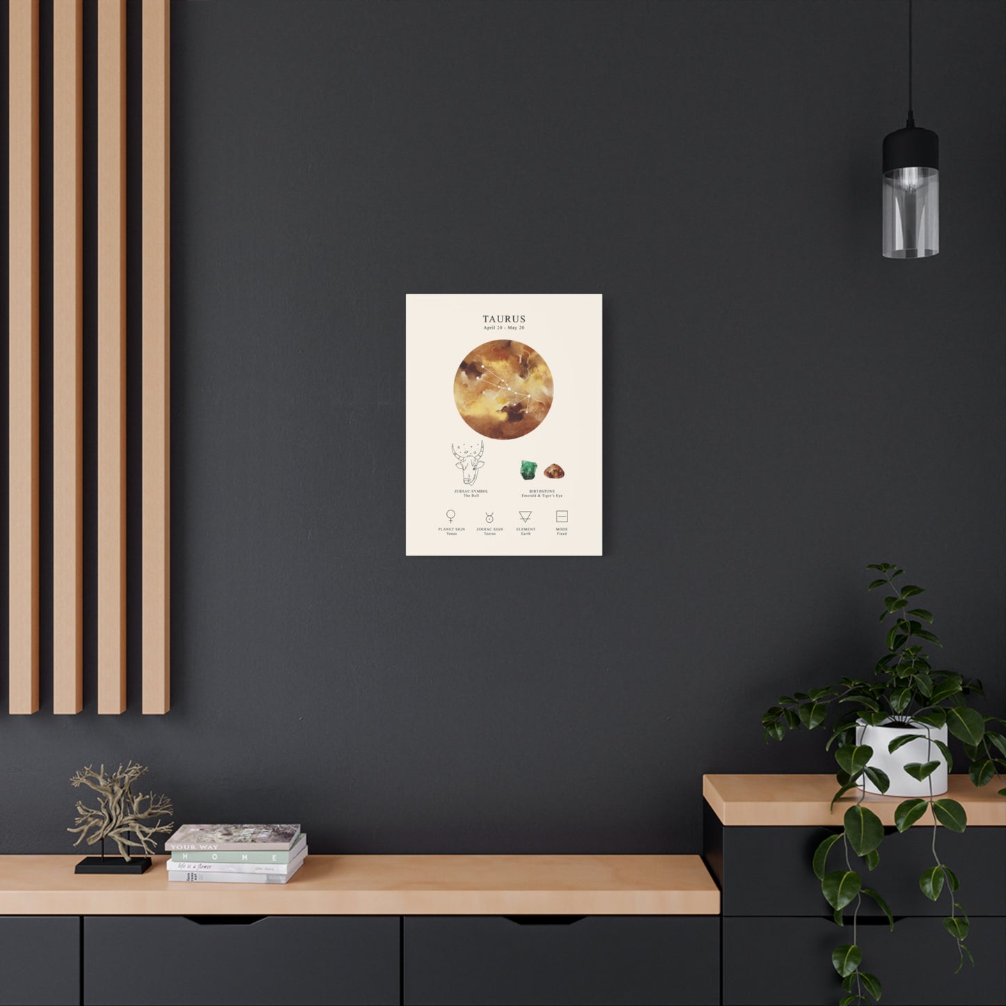 Taurus Zodiac Constellation Canvas | Astrology Wall Art with Symbol, Birthstone, Planet & Element | Premium Vertical Canvas Print