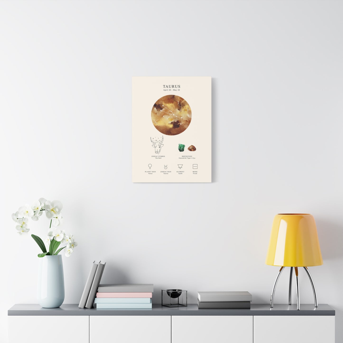 Taurus Zodiac Constellation Canvas | Astrology Wall Art with Symbol, Birthstone, Planet & Element | Premium Vertical Canvas Print