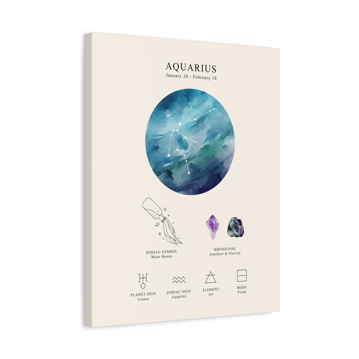 Aquarius Zodiac Constellation Canvas | Astrology Wall Art with Symbol, Birthstone, Planet & Element | Premium Vertical Canvas Print