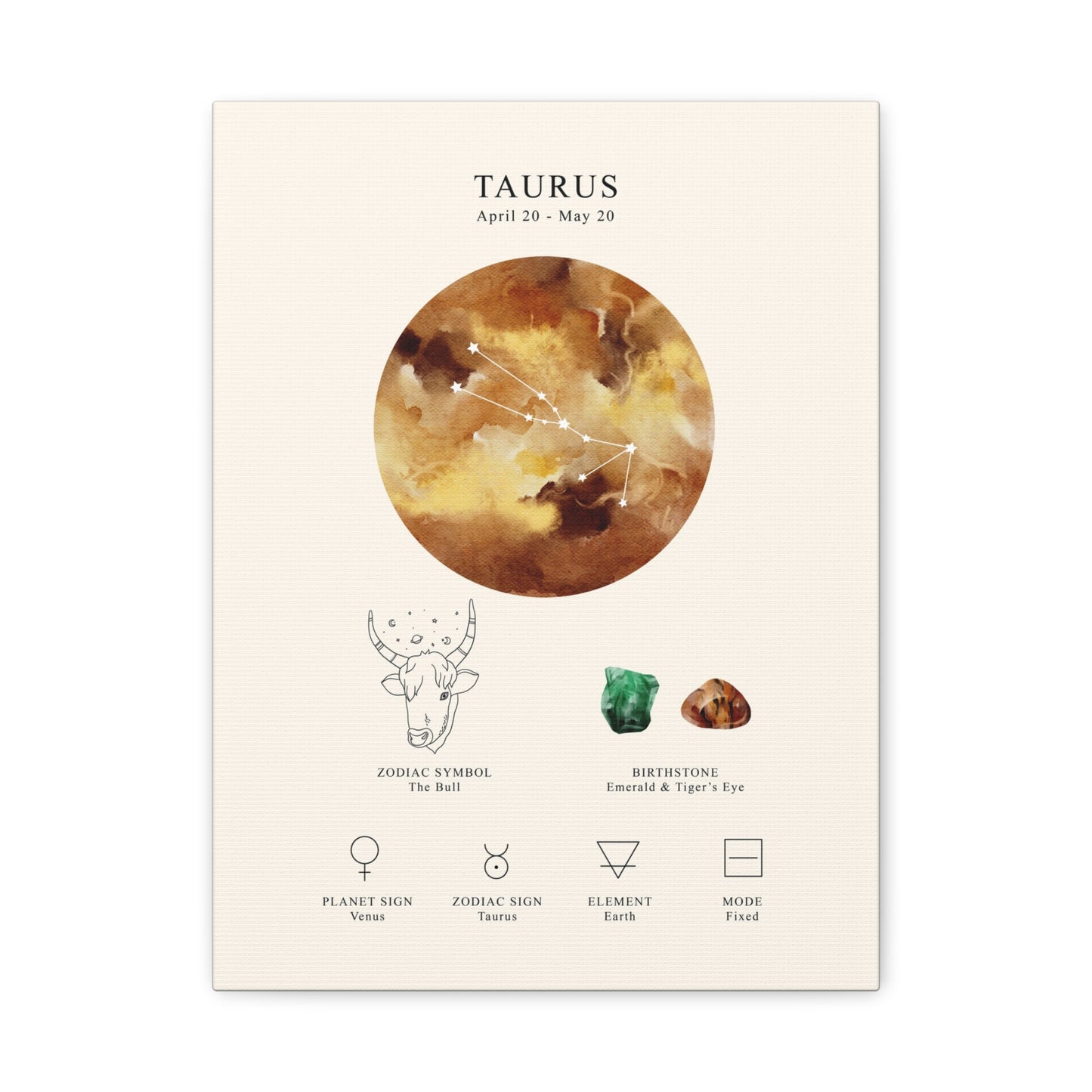 Taurus Zodiac Constellation Canvas | Astrology Wall Art with Symbol, Birthstone, Planet & Element | Premium Vertical Canvas Print